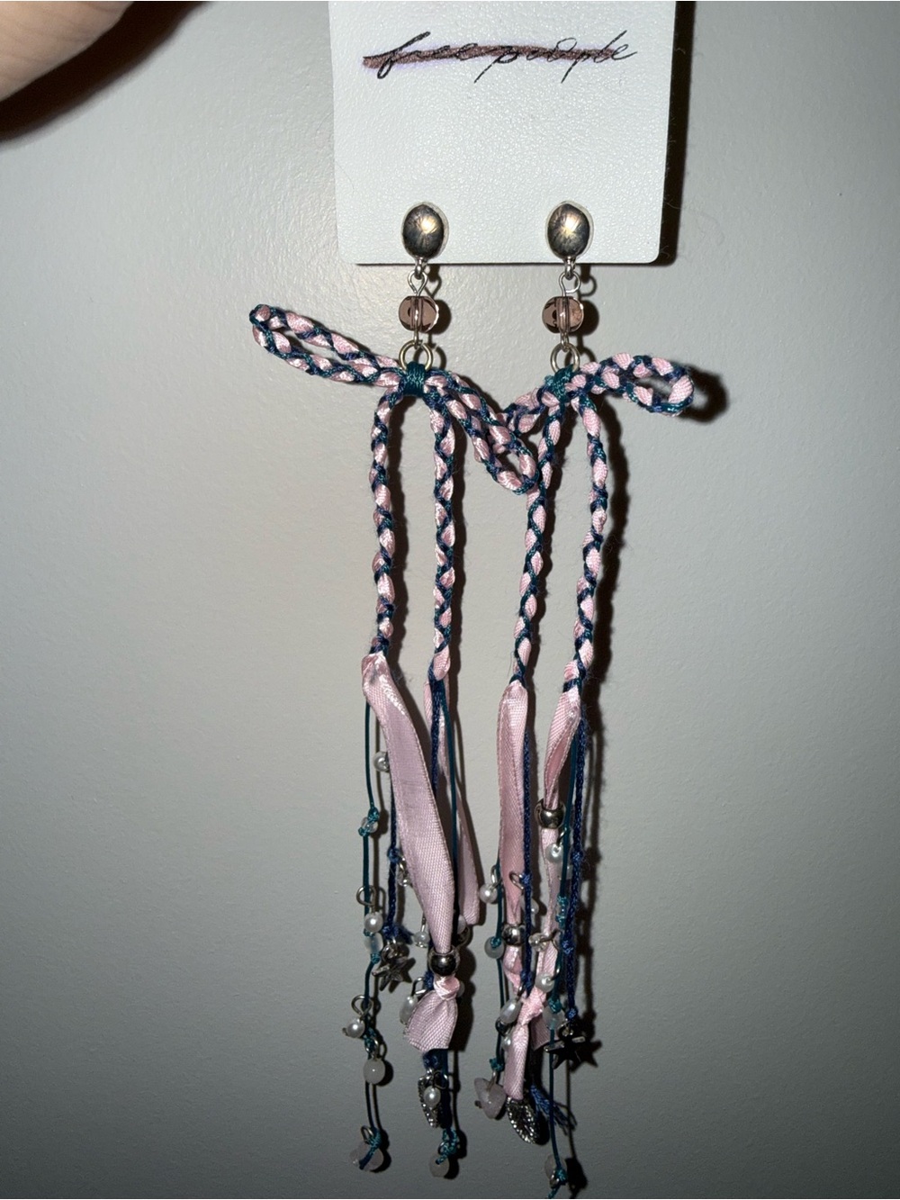 Free People NWR Pink and Navy Braided Tassel Bow Earrings